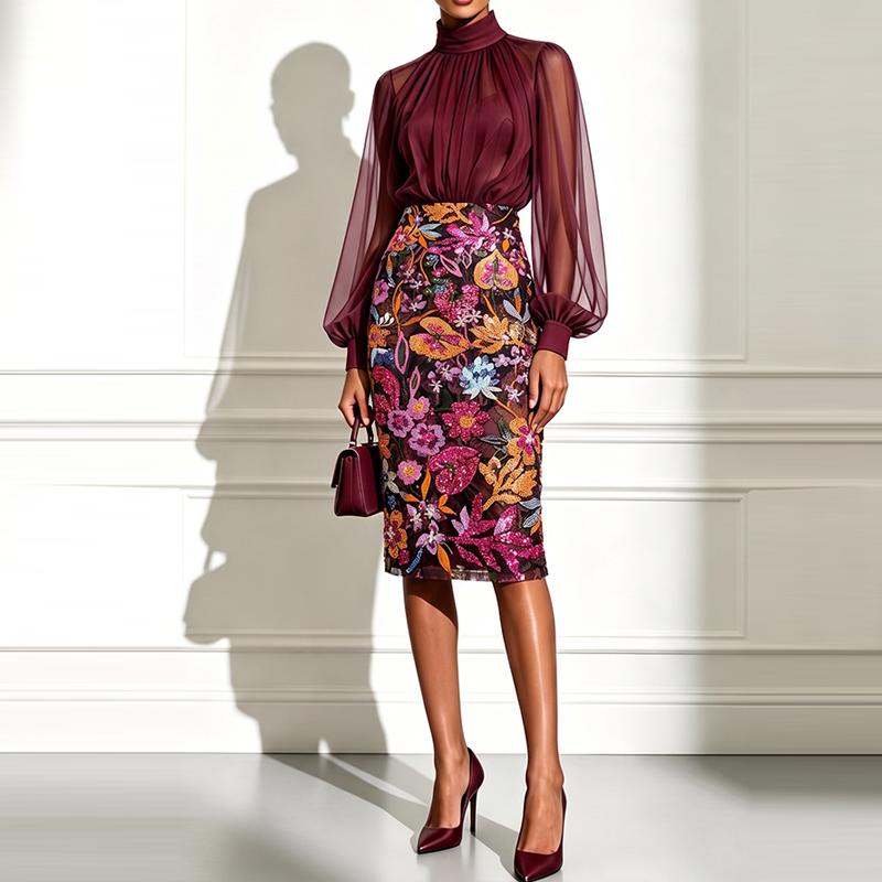 Conjunto de Blusa Sexy de Gola - Midi Skirt Floral avaliação e preço